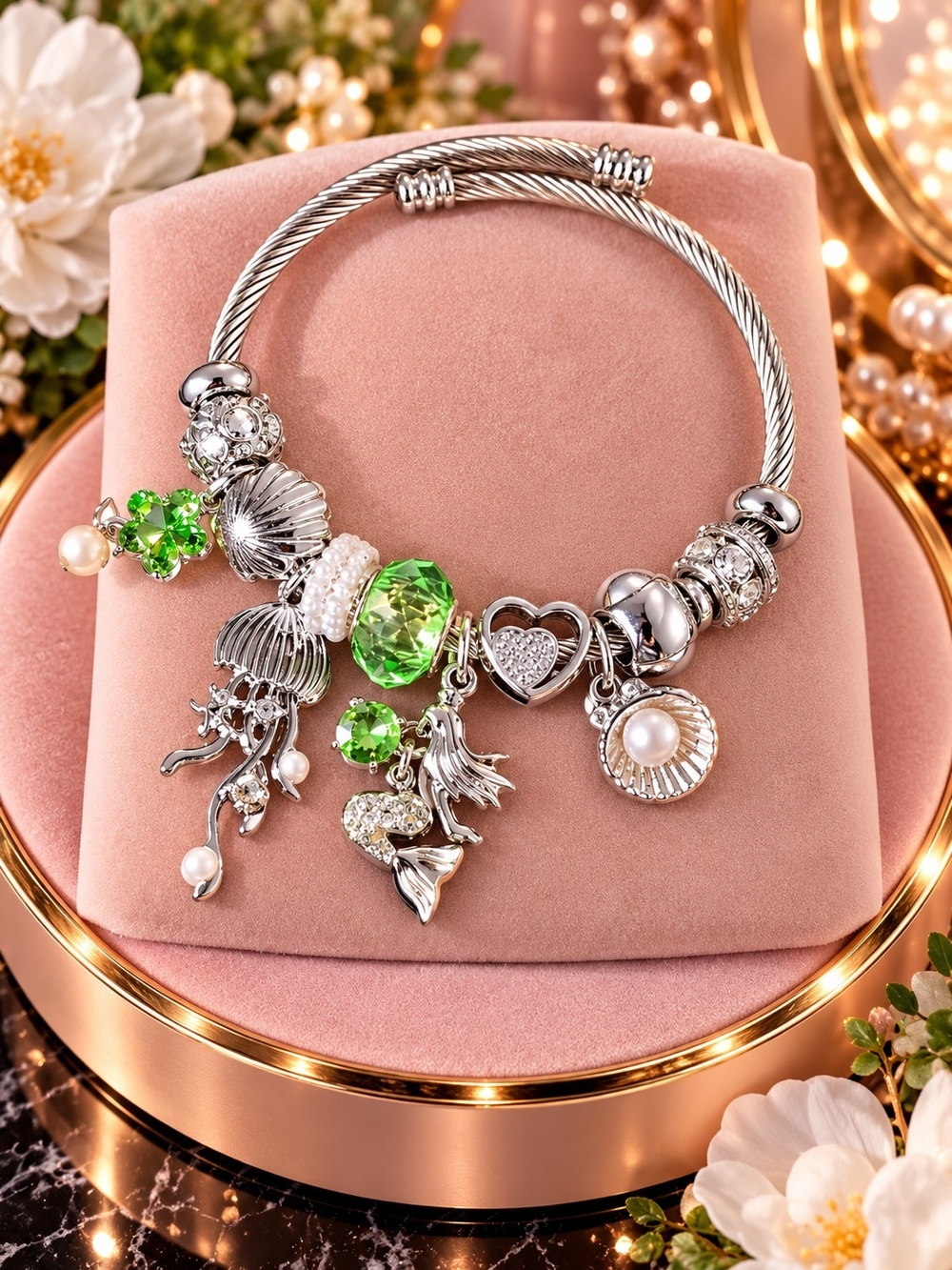 Silver Charm Bracelet with Green Crystal and Pearl Accents